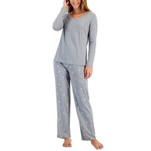 Charter Club Cotton Pajama Set Grey Holiday Reindeer Stars NWT Plus Size 1X